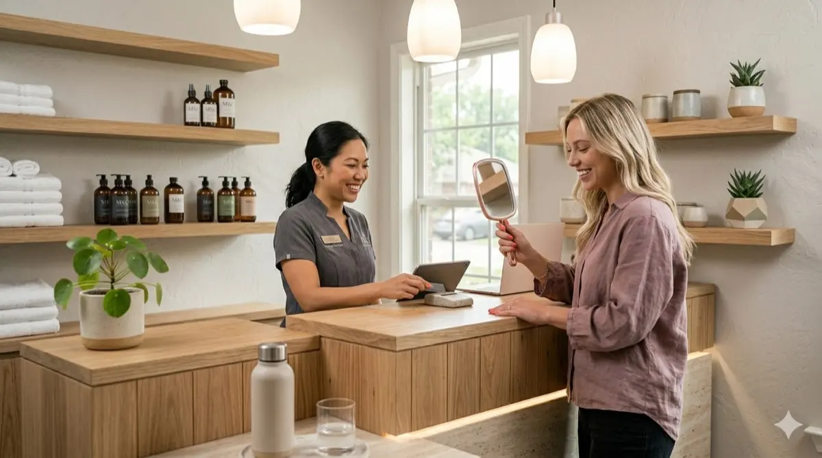Client paying at a bright salon front desk