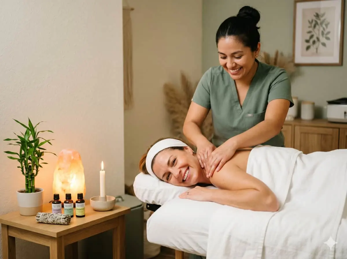 Massage therapist in a peaceful treatment room