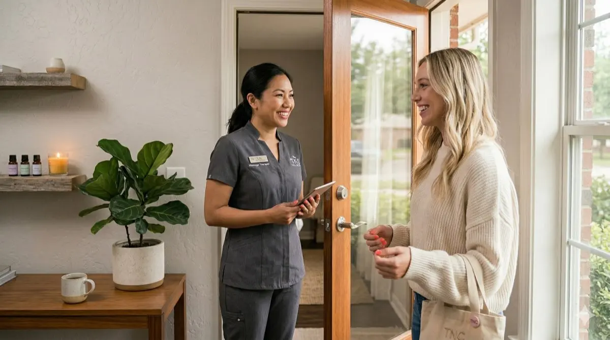 Massage therapist greeting a client at the door