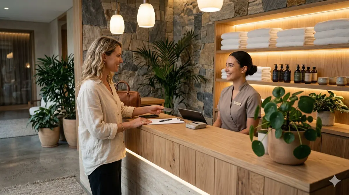 Guest checking in at a spa reception desk