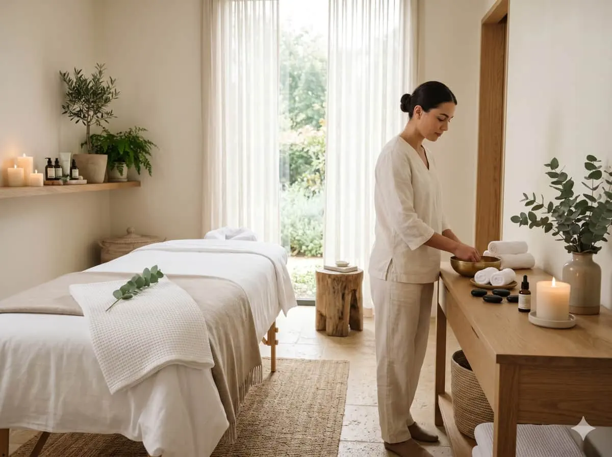Serene spa treatment room with warm lighting