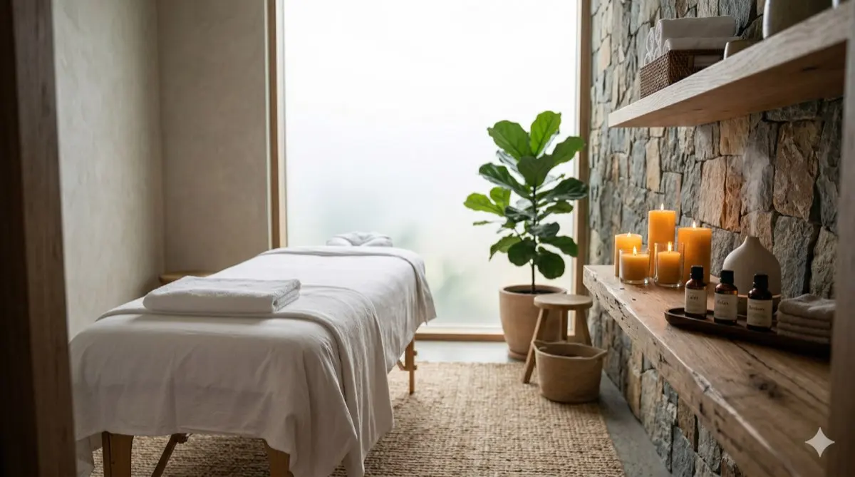Calm spa treatment room ready for a regular client