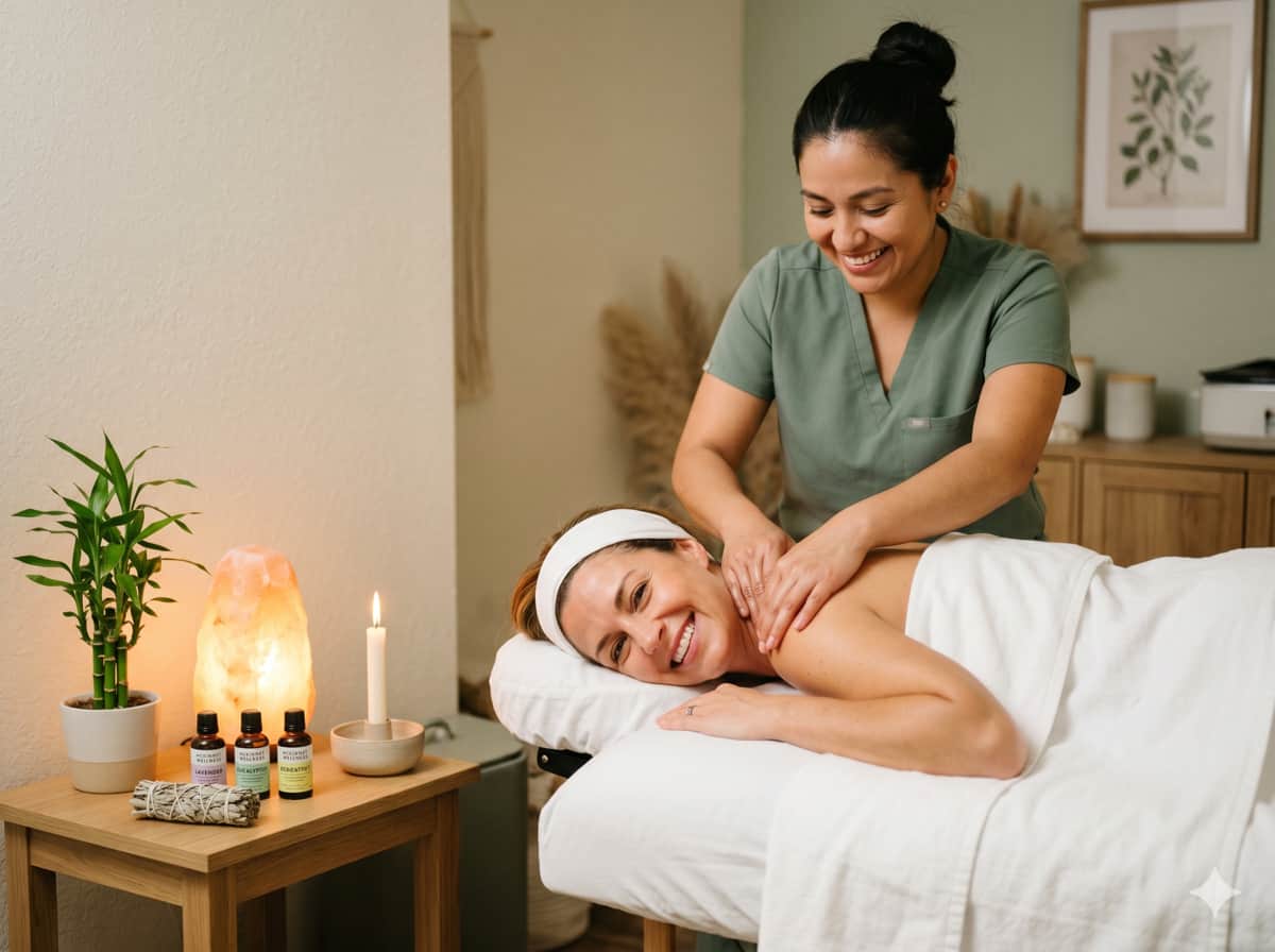 Massage therapist in a peaceful treatment room