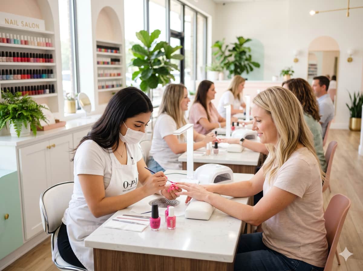 Nail technician working on a client in a clean, modern nail salon