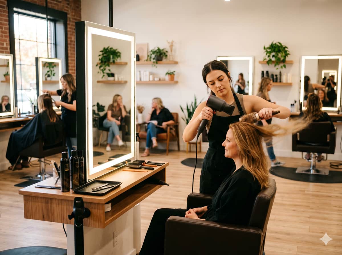Stylists working in a bright, modern hair salon
