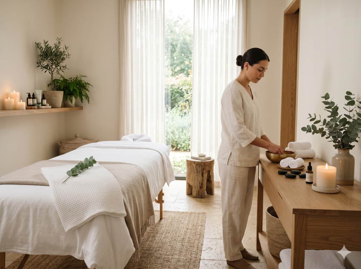 Serene spa treatment room with warm lighting
